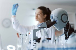 Ärztin oder Forscherin analysiert Proben mit Hilfe von medizinischer KI-Technologie zeigt künstliche Intelligenz in der Medizin