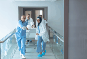 Ärzteteam und Pflegekräfte eilen über den Krankenhausflur im Gesundheitssystem in Deutschland