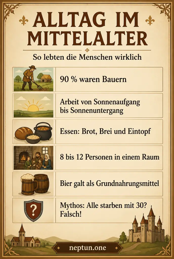Infografik: Alltag im Mittelalter, sechs Fakten über das Leben der einfachen Menschen
