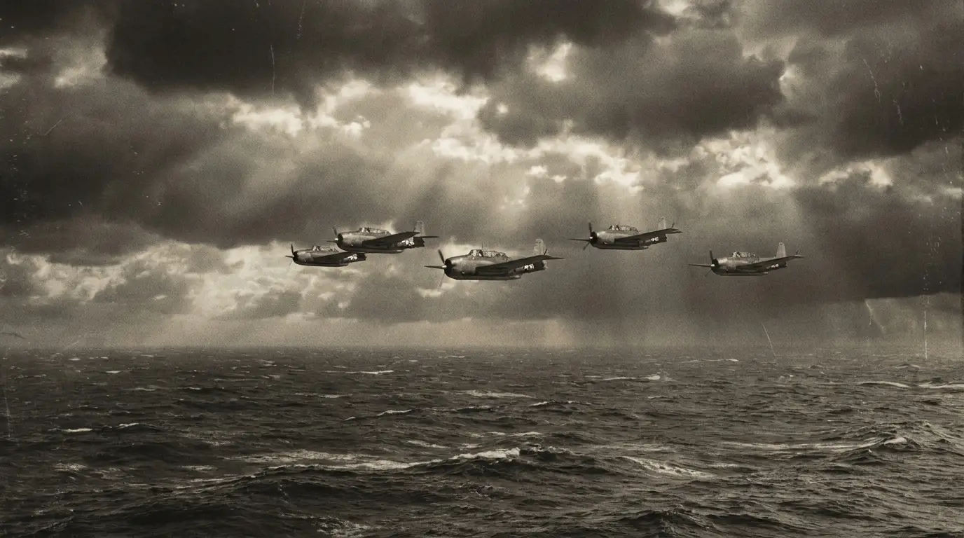 Historische Darstellung einer Bomberstaffel über dem Atlantik, Symbolbild für Flug 19 im Bermudadreieck