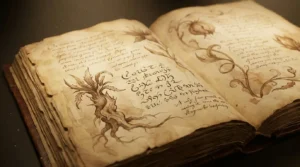 Voynich-Manuskript: altes Pergament mit unbekannter Schrift und Pflanzenzeichnungen