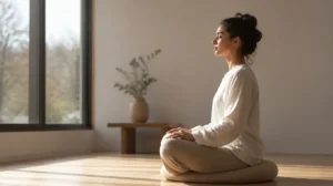 Person meditiert im Schneidersitz in einem hellen Raum, Symbolbild für Meditation und Gehirn
