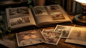 Altes Fotoalbum mit verblassten Bildern, eines davon unscharf, Sinnbild für den Mandela-Effekt