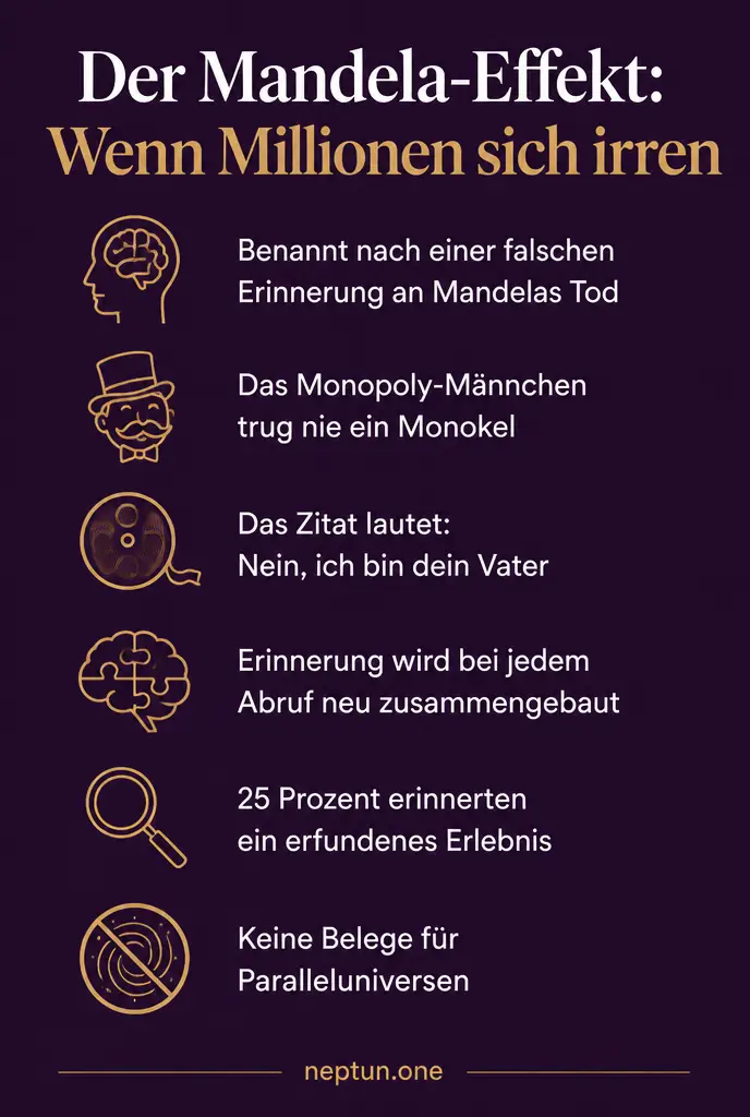 Infografik zum Mandela-Effekt: sechs Fakten zu kollektiven Fehlerinnerungen
