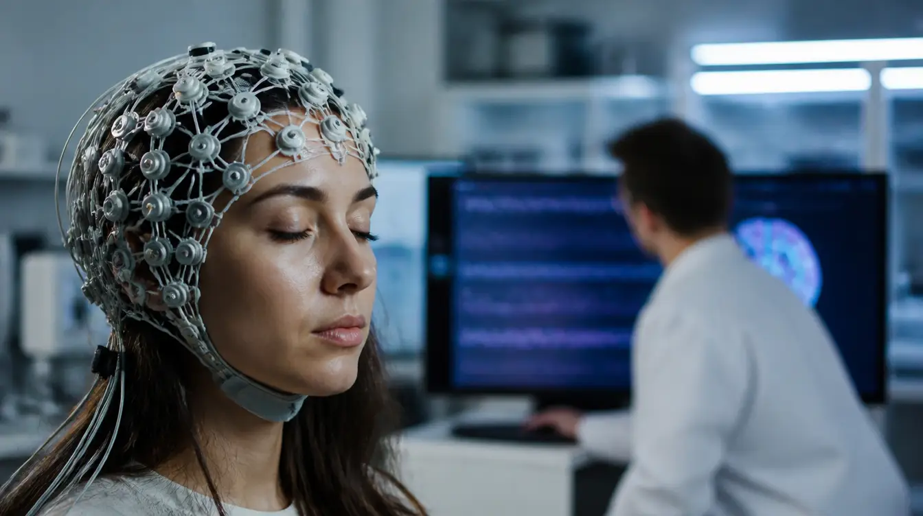 Proband mit EEG-Haube im Labor: so wird die Wirkung von Meditation im Gehirn gemessen