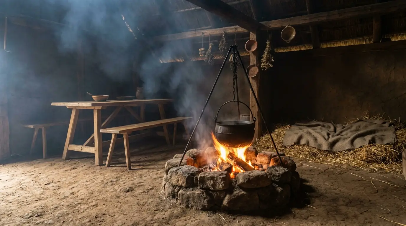 Innenraum eines einfachen mittelalterlichen Bauernhauses mit offener Feuerstelle und Strohlager