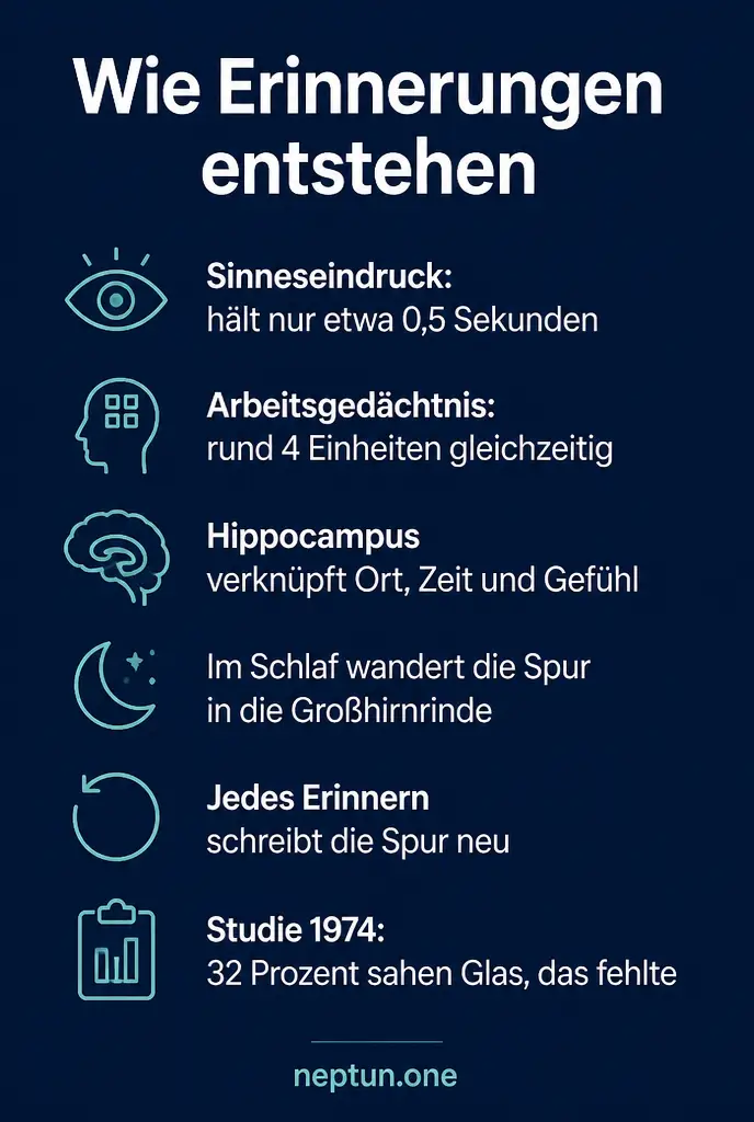 Infografik zur Frage, wie Erinnerungen entstehen: Sinneseindruck, Arbeitsgedächtnis, Hippocampus, Schlaf und Rekonsolidierung