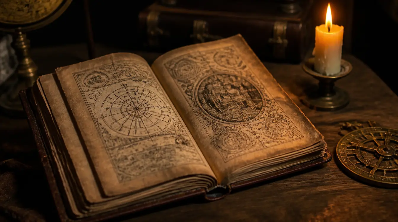 Altes aufgeschlagenes Buch mit Prophezeiungen neben Kerze und Astrolabium