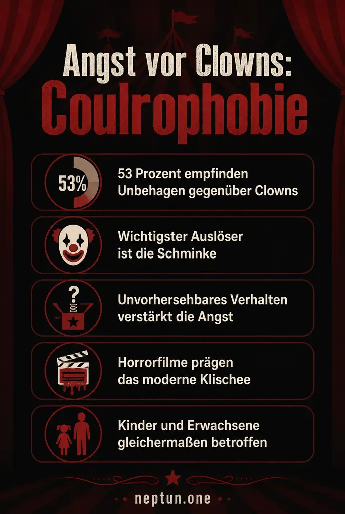 Infografik mit Fakten zur Angst vor Clowns, Coulrophobie