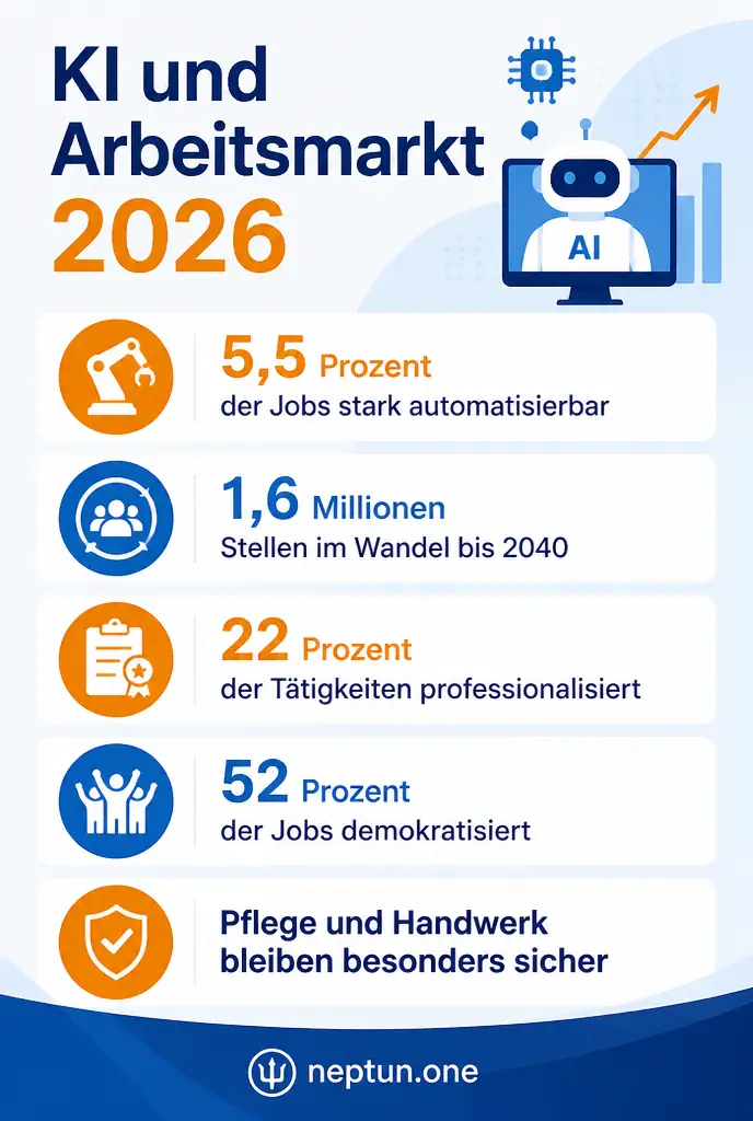 Infografik mit Zahlen zu KI und Arbeitsmarkt in Deutschland 2026