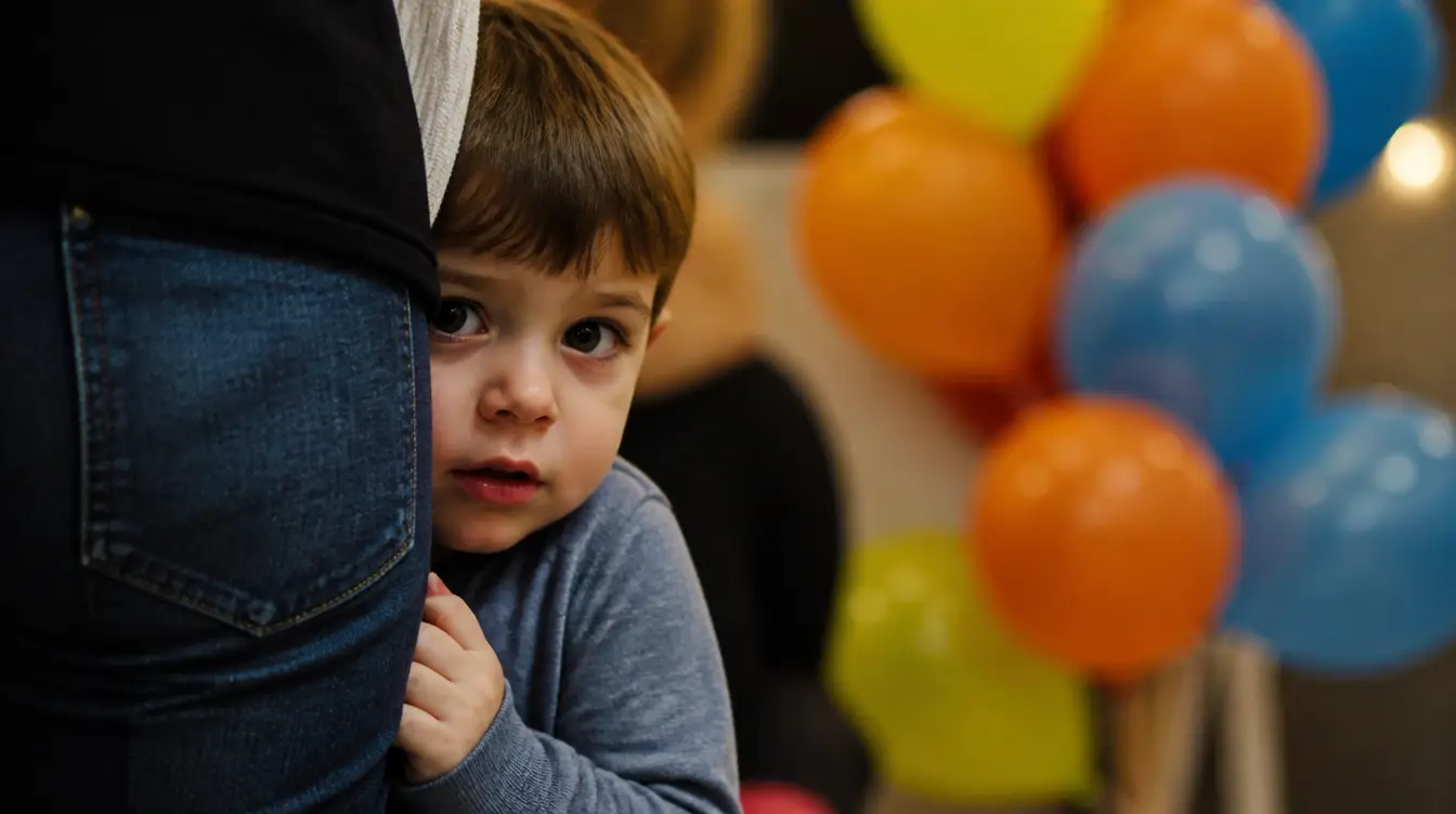 Kind versteckt sich schüchtern hinter einem Elternteil bei einer Kindergeburtstagsfeier