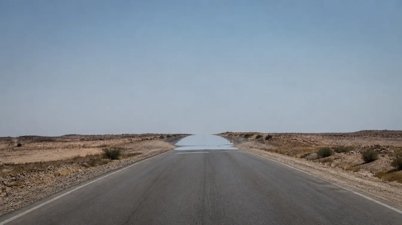 Luftspiegelung auf heißem Asphalt, eine optische Täuschung im Alltag