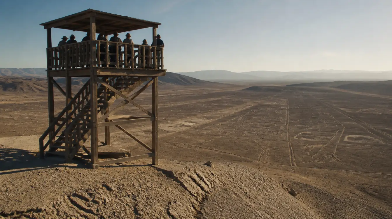 Aussichtsturm in der Wüste mit Besuchern, die die Nazca-Linien betrachten