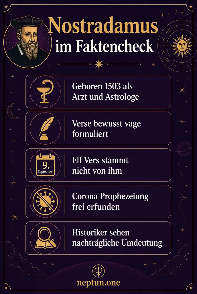 Infografik mit Fakten zum Faktencheck der Nostradamus-Prophezeiungen