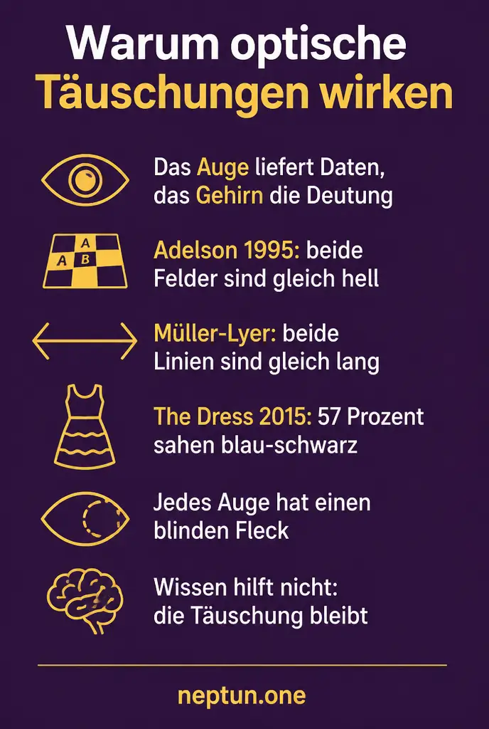 Infografik zu optischen Täuschungen: Adelsons Schachbrett, Müller-Lyer-Illusion, The Dress und der blinde Fleck