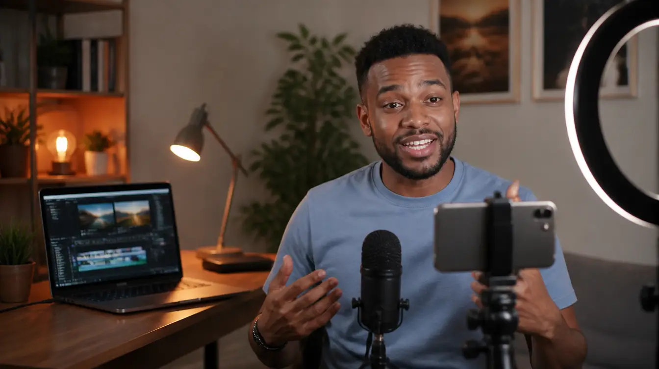 Content Creator filmt ein Video in einem kleinen Home-Studio mit Ringlicht und Mikrofon