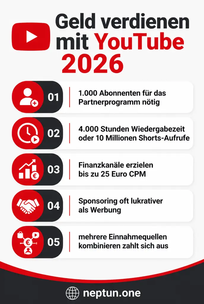 Infografik mit Zahlen zum Geldverdienen mit YouTube 2026