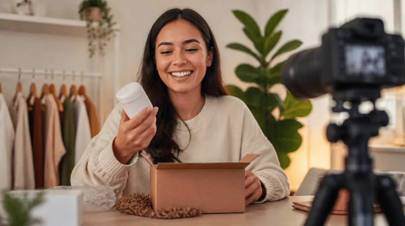 Content Creator packt ein gesponsertes Produkt für ein YouTube-Video aus