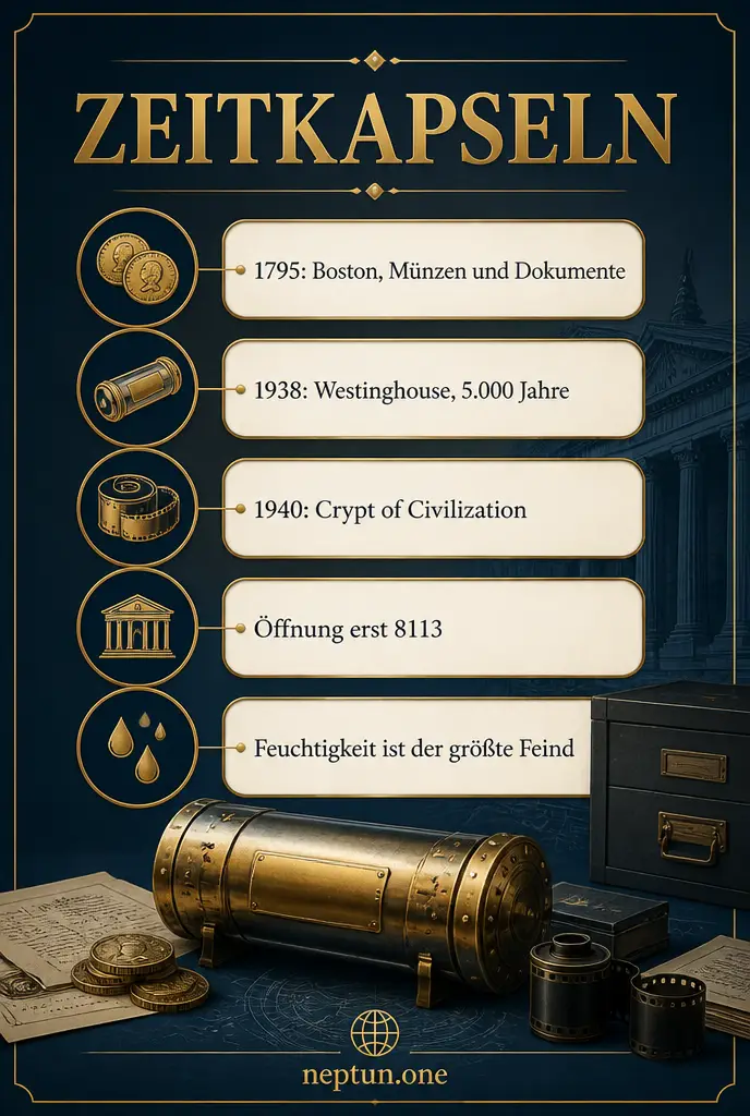 Zeitkapseln Infografik mit historischen Beispielen und Schutz vor Feuchtigkeit